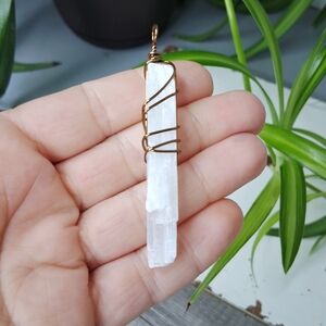 White Selenite Crystal Pendant Necklace Wrapped in Bronze Wire